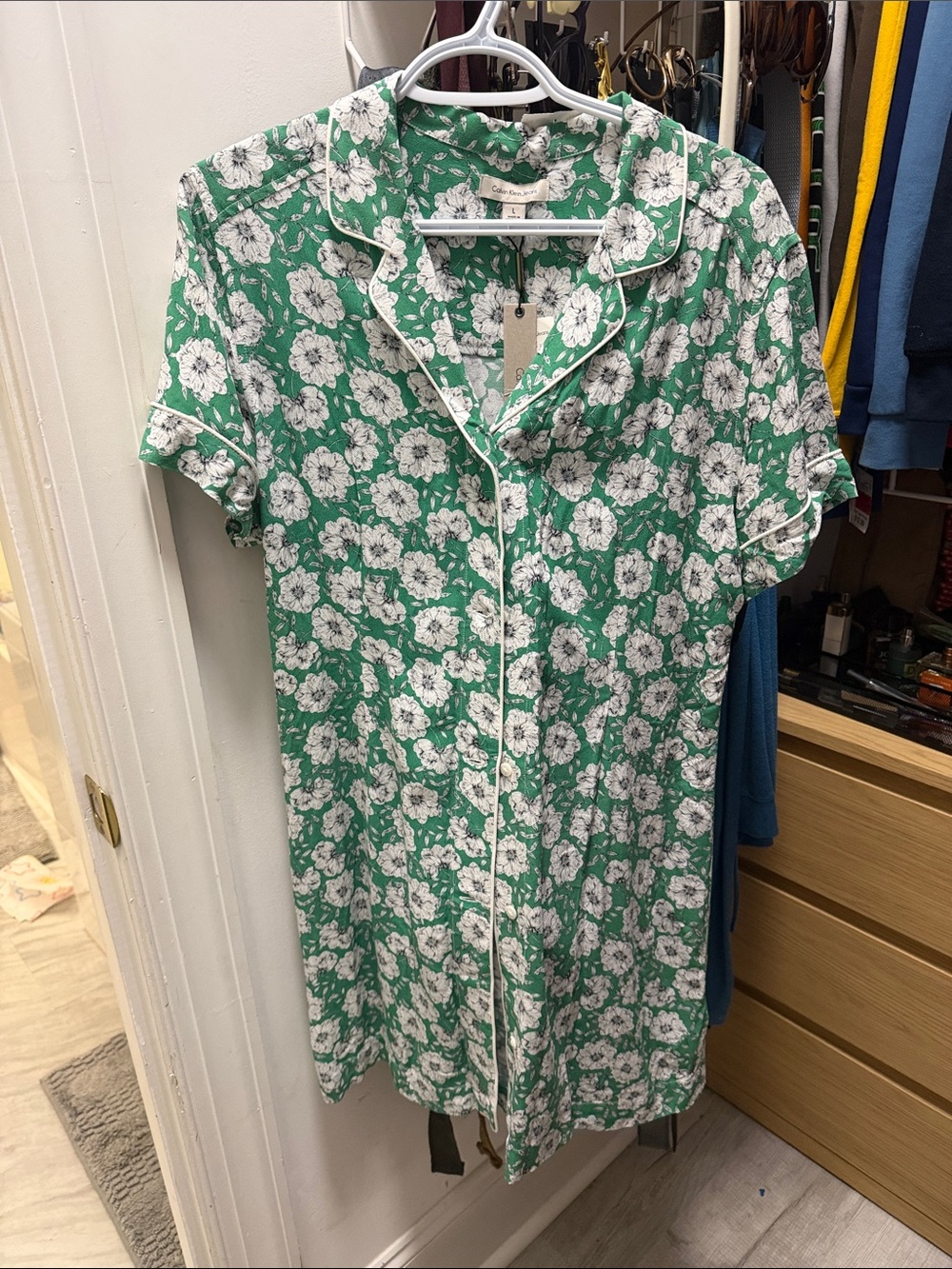 Calvin Klein Green and White Floral Button-Down Shirt Dress